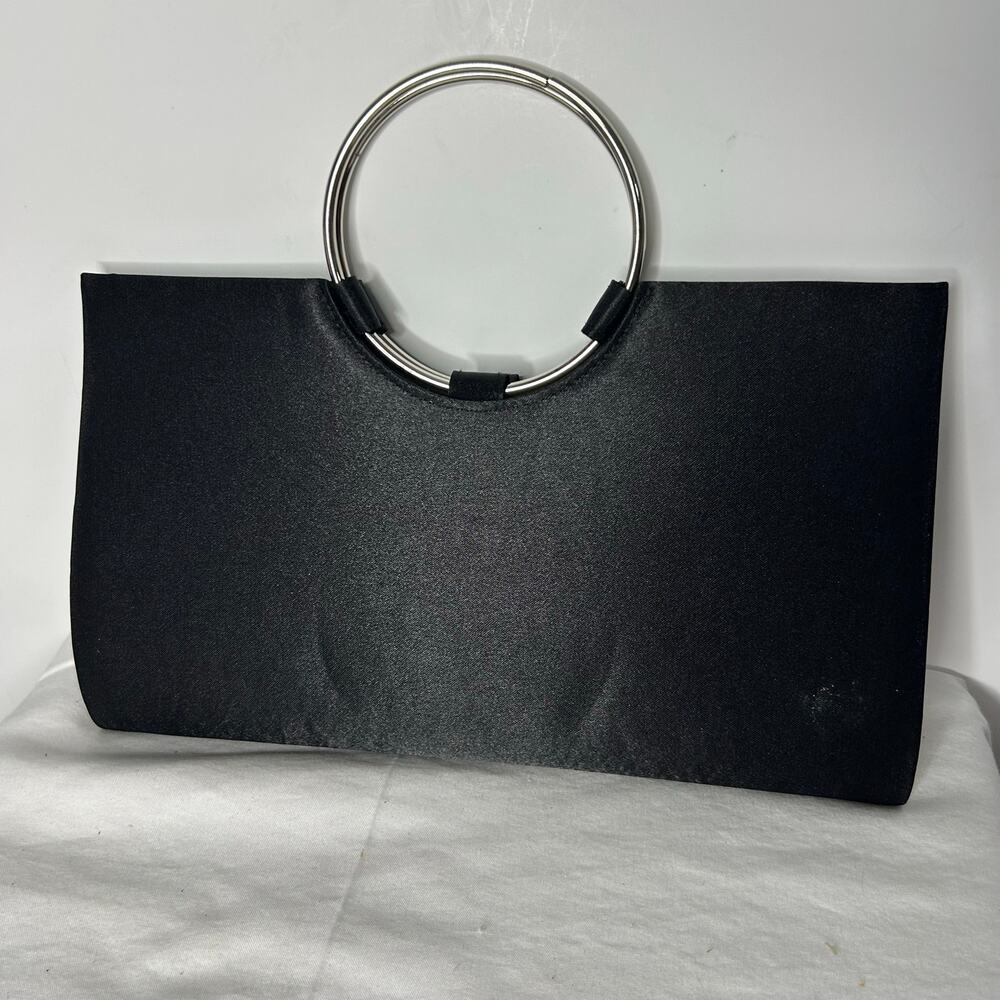 Black Satin Evening Clutch Purse Silver Ring Handles Formal Wedding Cocktail Bag